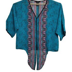 Ali Miles  L Vibrant Blue Pink Patterned High-Low Tie Blouse LW SS Spring Summer
